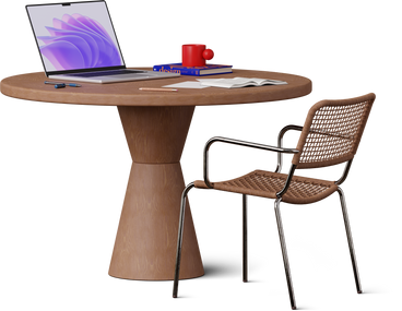 Front view of laptop and notes on kitchen table в PNG, SVG