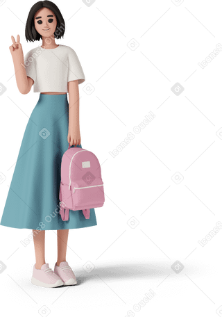 3D female student with backpack showing victory sign PNG, SVG