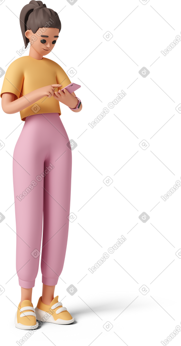 年轻女子在她的手机上滚动 PNG, SVG