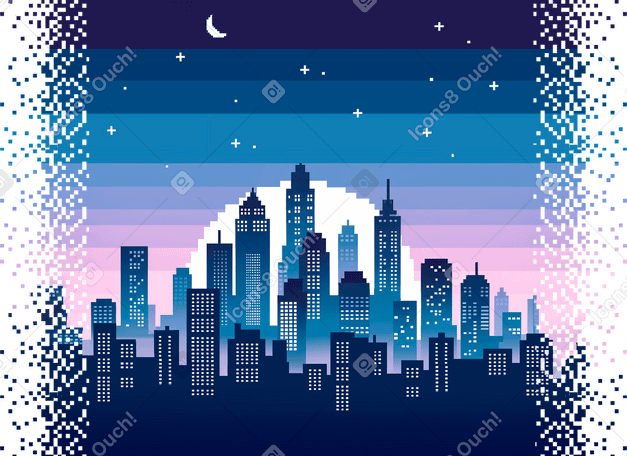 Пиксельный город ночью с исчезающими границами в PNG, SVG