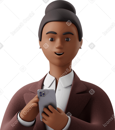 3D close up of black businesswoman in brown suit with phone looking straight PNG, SVG
