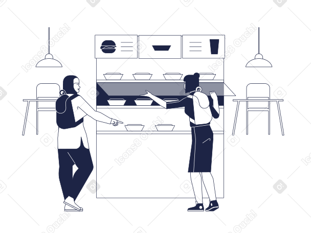 Illustration Deux femmes avec des sacs à dos achètent de la restauration rapide au kiosque de nourriture sans contact au café aux formats PNG, SVG
