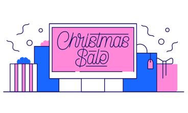 Надпись "рождественская распродажа" в браузере и подарки в PNG, SVG