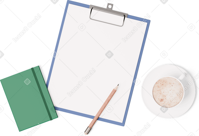 3D top view of clipboard, notebook and cup of coffee PNG, SVG
