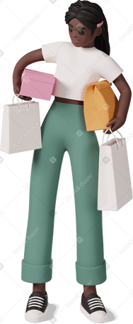 3D black girl holding box and bags Illustration in PNG, SVG