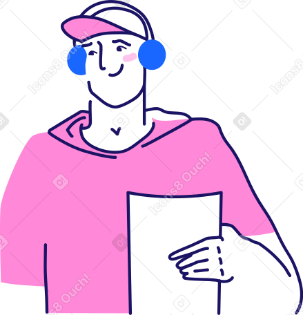Homme dans des écouteurs tenant un morceau de papier PNG, SVG