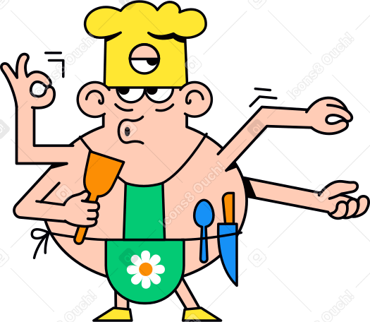 multi-armed chef in a cap Illustration in PNG, SVG