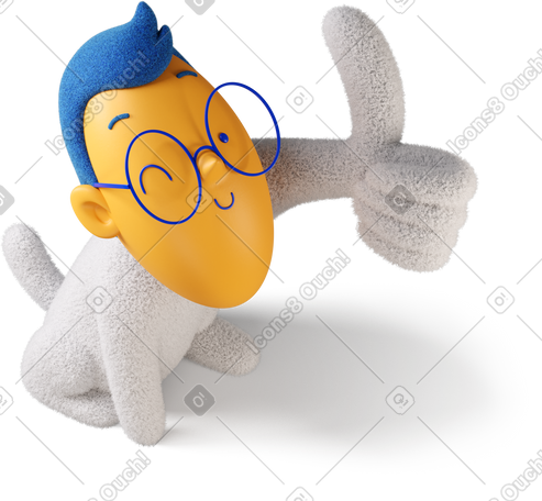 3D 一个眨眼男孩的顶视图显示拇指向右转 PNG, SVG