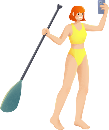 young woman in yellow swimming suit is taking a selfie PNG, SVG