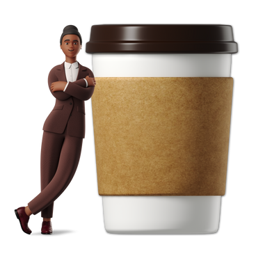 Businesswoman leaning on a big coffee to go cup PNG, SVG