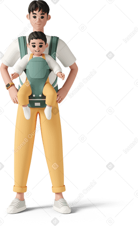 3D man carrying son in baby sling PNG, SVG