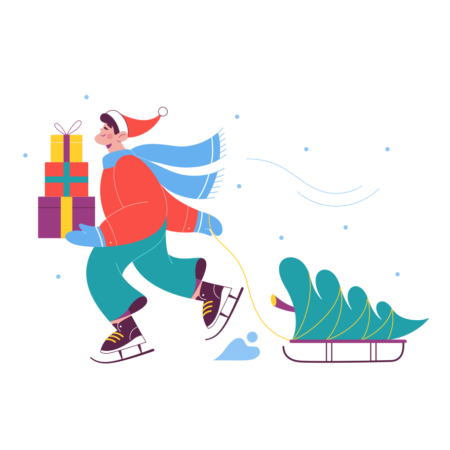 Man on skates delivers New Year's gifts Illustration in PNG, SVG