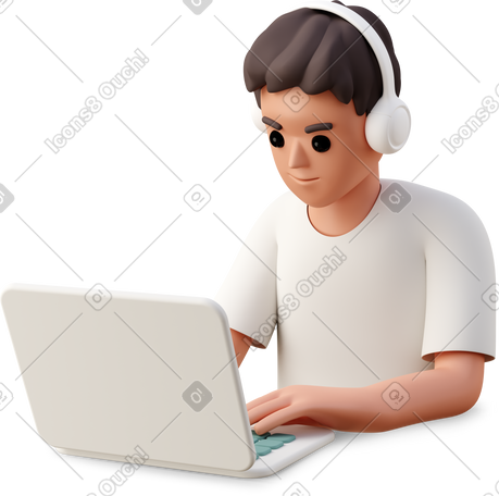 3D young man sitting in front of laptop PNG, SVG