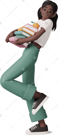 3D black girl with stack of books Illustration in PNG, SVG