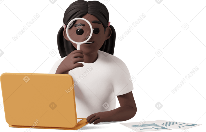 3D recruiter sitting in front of laptop and searching for new employees Illustration in PNG, SVG