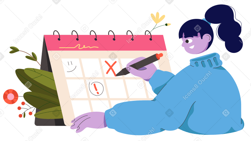Girl marks a cross with a pen on the spring calendar Illustration in PNG, SVG