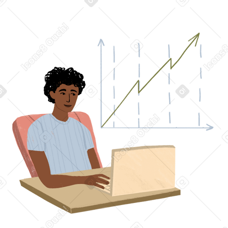 男人坐在笔记本电脑前，看着不断增长的图表 PNG, SVG