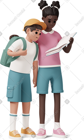 3D 男孩和女孩看书 PNG, SVG