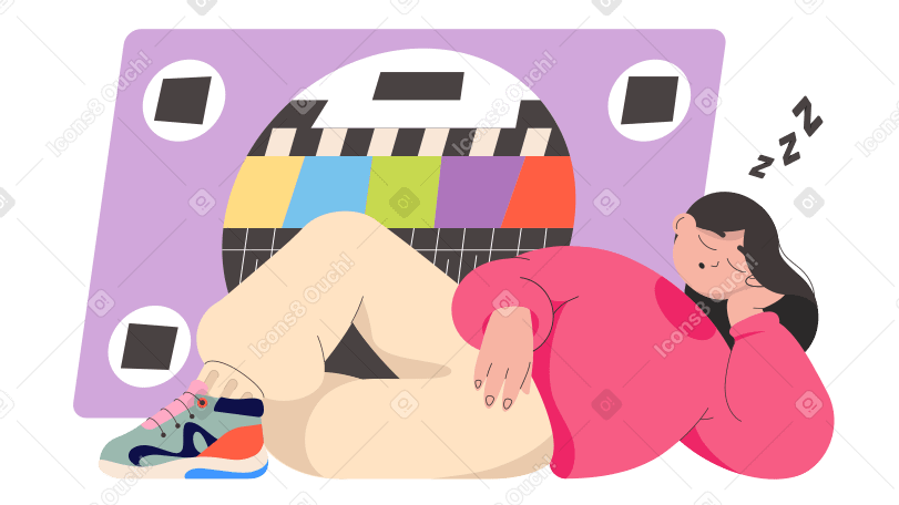 Girl lying asleep next to tv screen with no signal PNG, SVG