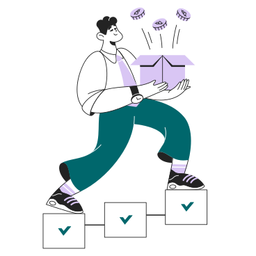 Man climbing stairs with a box of crypto coins PNG, SVG