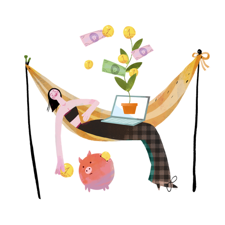 Girl relaxes in front of a computer and receives passive income Illustration in PNG, SVG