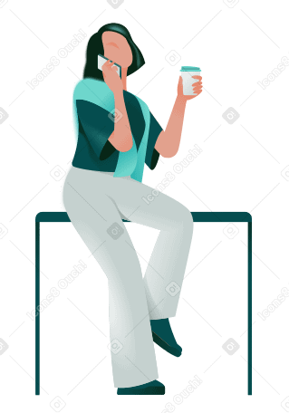 Женщина пьет кофе и разговаривает по телефону в PNG, SVG