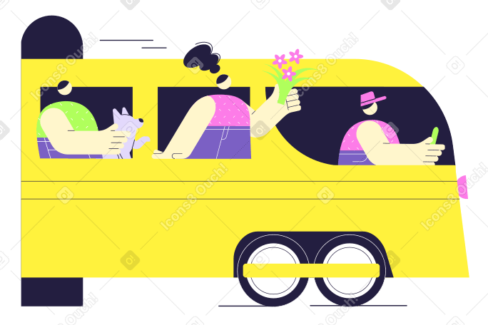People and dog driving on a train PNG, SVG