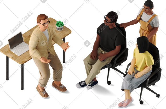 3D four people discussing work together PNG, SVG