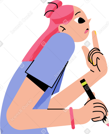 pensive girl with a pencil PNG, SVG