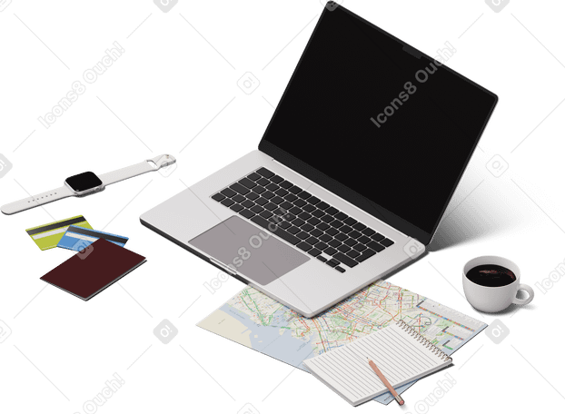 3D isometric view of laptop, smartwatch, map, credit cards and passport PNG, SVG