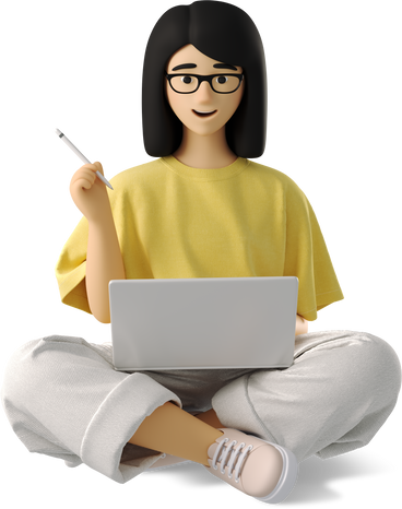young woman sitting with laptop and stylus PNG, SVG