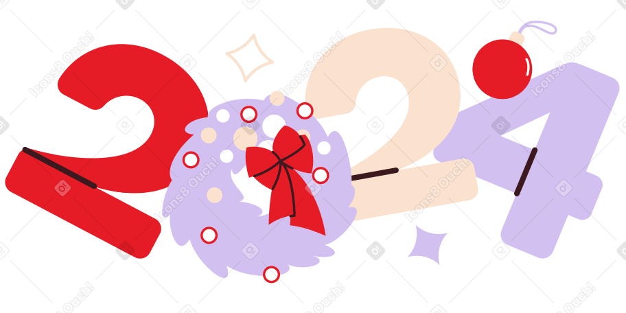 Надпись 2024 с рождественским венком и текстом звезд в PNG, SVG