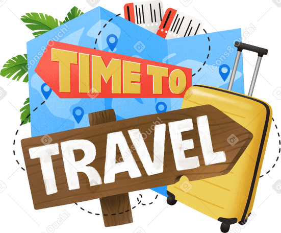 Lettering time to travel with map and suitcase text PNG, SVG