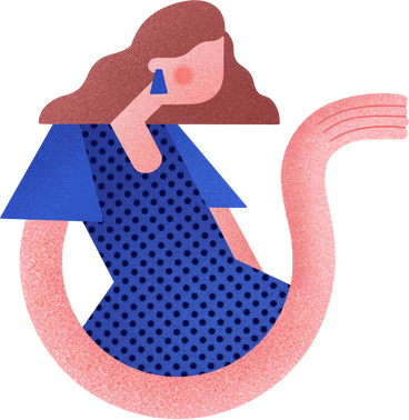 girl with brown hair in a blue dress holds her hand out in front of her PNG, SVG