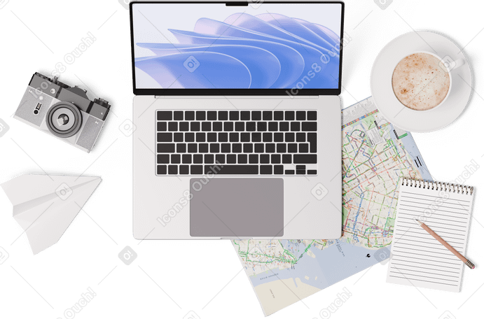 3D top view of map, laptop, camera, notebook, cup of coffee PNG, SVG