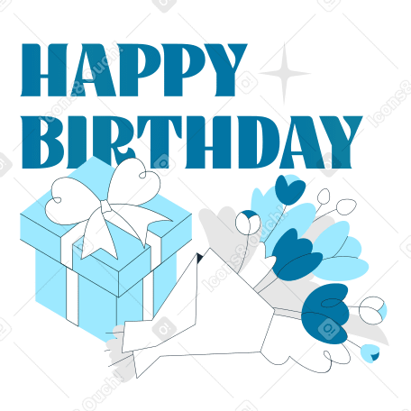 Happy birthday text with а gift and a bouquet of flowers PNG, SVG