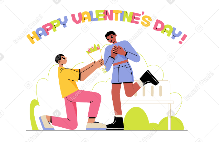 Schriftzug happy valentinstag! mit einem typen, der einem mädchen einen blumenstrauß schenkt PNG, SVG