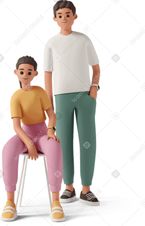 3D young woman sitting close to young man standing Illustration in PNG, SVG
