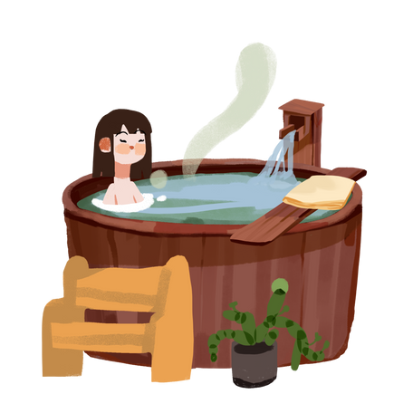 Illustration Une fille heureuse prend des soins de spa dans un tonneau en bois aux formats PNG, SVG