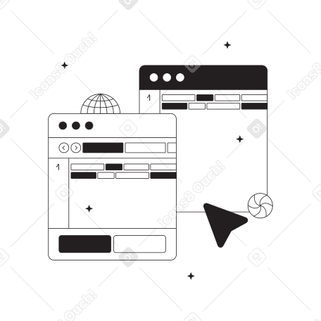 Two browser windows with panels and select arrow PNG, SVG