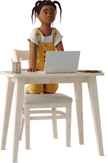 little girl at a table with laptop PNG, SVG