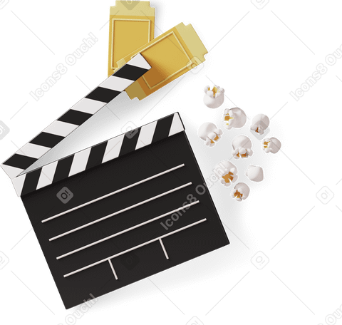 3D clapperboard, popcorn and cinema tickets PNG, SVG