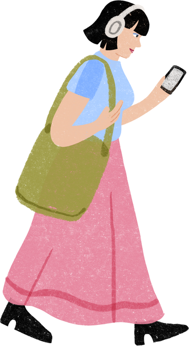 Girl in a skirt and headphone walking while looking at her phone PNG, SVG