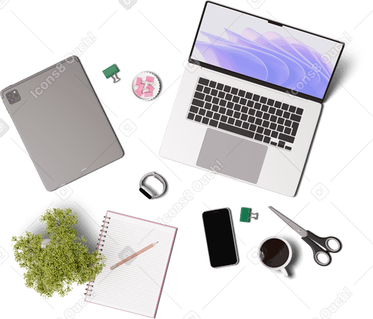 3D top view of laptop, notebook, smartphone, and tablet PNG, SVG