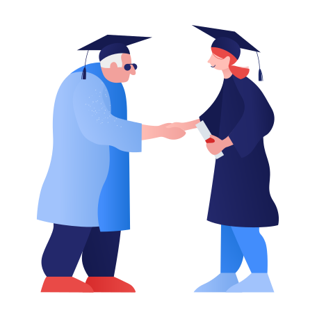 Old professor gives a diploma to a student girl with handshake Illustration in PNG, SVG