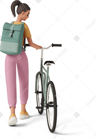 3D back view of young woman in backpack standing with bicycle Illustration in PNG, SVG