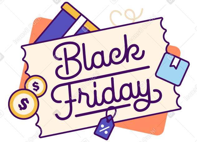 Lettering Black Friday with boxes and coins text PNG, SVG