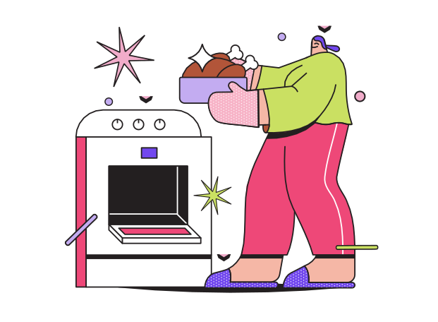 Woman cooking chicken Illustration in PNG, SVG