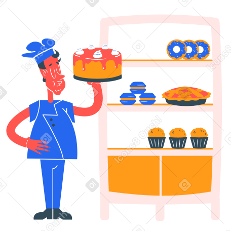 Bäcker trägt einen kuchen zum produktstand PNG, SVG