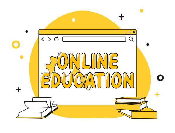 Online education lettering in thе browser with books Illustration in PNG, SVG